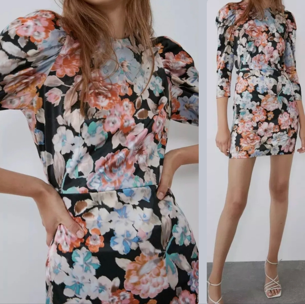 NWT Zara Retro Floral Print 3/4 Puff Sleeve Mini Dress Black Pink Blue Small